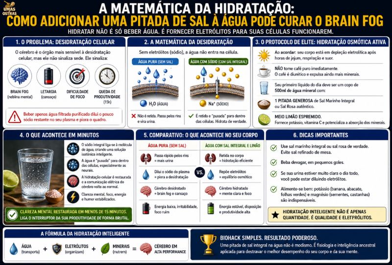 Infográfico explicando a relação entre hidratação, eletrólitos e brain fog, mostrando como água, sódio e minerais ajudam no equilíbrio celular e na clareza mental.