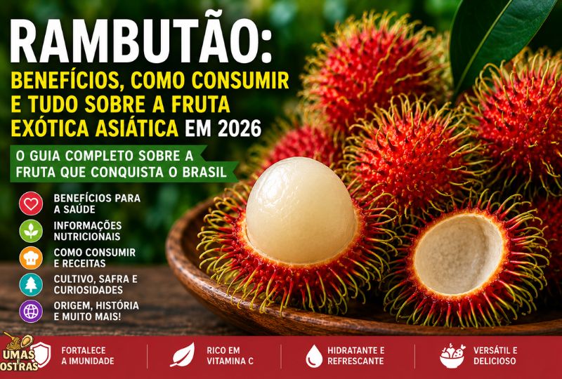 Fotografia de alta resolução exibindo frutos de rambutão frescos dentro de uma tigela rústica de madeira. No centro, um fruto está aberto, revelando a polpa branca, suculenta e perolada, contrastando com a casca vermelha e os filamentos verdes dos frutos ao redor. A imagem possui um design de infográfico com o texto principal "RAMBUTÃO: Benefícios, como consumir e tudo sobre a fruta exótica asiática em 2026", além de selos táticos destacando que a fruta fortalece a imunidade, é rica em vitamina C e altamente hidratante.