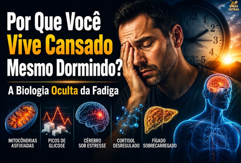 Representação visual da fadiga crônica e do colapso metabólico, ilustrando a montanha-russa da glicose, o cortisol invertido e a asfixia mitocondrial em um indivíduo que acorda exausto mesmo após 8 horas de sono.