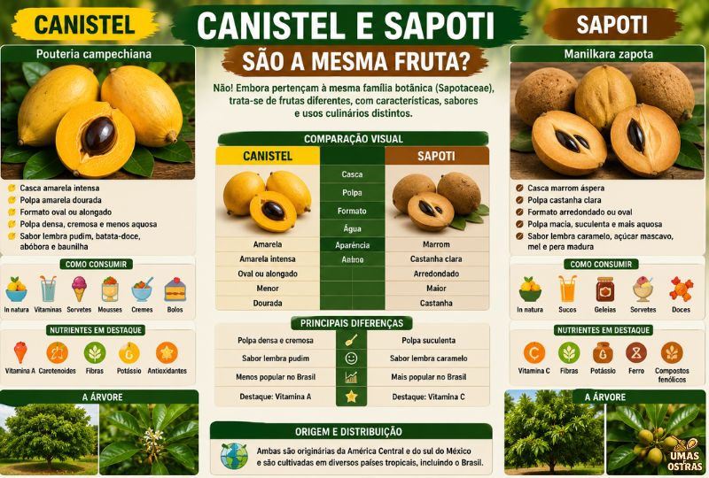 Comparação visual entre canistel e sapoti mostrando frutos inteiros e cortados, destacando diferenças de cor, textura, sabor, nutrientes e características botânicas das duas frutas tropicais.