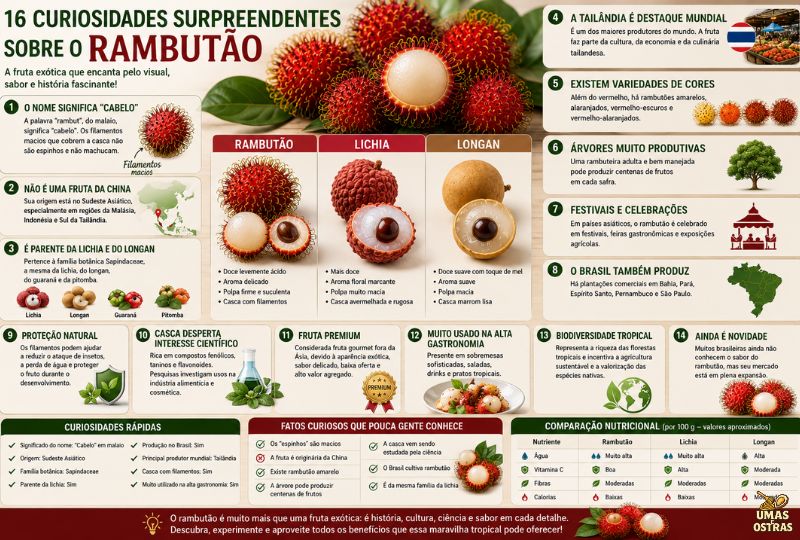 Rambutão com casca vermelha coberta por filamentos macios ao lado de informações sobre sua origem no Sudeste Asiático, importância econômica, variedades, cultivo no Brasil e curiosidades científicas.