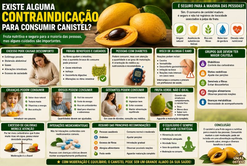 Infográfico sobre as contraindicações do canistel mostrando frutos maduros, orientações para diabéticos, crianças, idosos, gestantes e cuidados relacionados ao consumo excessivo, fibras e alergias alimentares.
