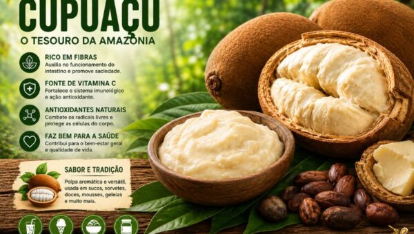 Fotografia de alta resolução em estilo publicitário de uma mesa rústica de madeira com folhas verdes exibindo os diferentes estágios do cupuaçu. Ao centro, uma tigela de madeira com creme de cupuaçu. Atrás, frutos de cupuaçu inteiros e um aberto revelando a polpa branca. À direita, sementes torradas e um bloco de manteiga de cupuaçu. O design inclui o texto principal: "CUPUAÇU: BENEFÍCIOS, COMO CONSUMIR, CUPULATE E TUDO SOBRE A Fruta Amazônica", além de ícones destacando que a fruta é rica em fibras, fonte de vitamina C e possui antioxidantes naturais. Na base, uma barra indica tópicos como receitas, cultivo e safra.