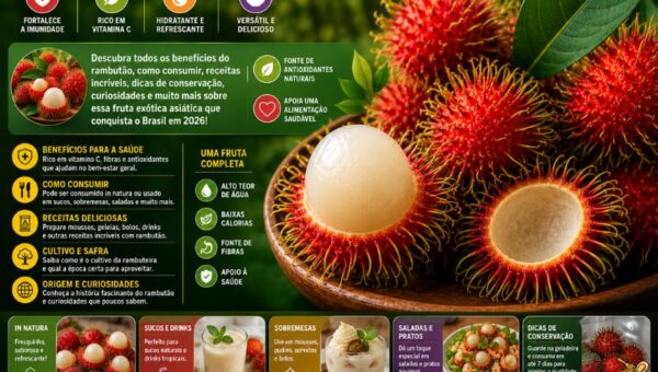 Infográfico ilustrando o rambutão com frutos inteiros e abertos, destacando seus benefícios para a saúde, formas de consumo, receitas, cultivo, conservação e curiosidades sobre a fruta exótica asiática