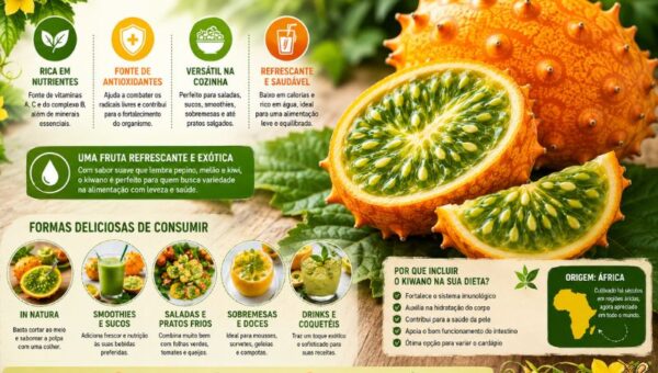 Fotografia de alta resolução em estilo publicitário de kiwanos (pepinos-africanos) sobre uma mesa rústica de madeira com folhas verdes. Ao fundo, um fruto inteiro alaranjado e cravejado de espinhos. Em primeiro plano, o fruto cortado ao meio e em fatias, revelando a polpa verde-fluorescente e gelatinosa com sementes. O design inclui o texto principal: "KIWANO (PEPINO-AFRICANO): BENEFÍCIOS, COMO CONSUMIR E TUDO SOBRE A FRUTA EXÓTICA EM 2026", acompanhado por ícones que destacam que a fruta é rica em nutrientes, fonte de antioxidantes, versátil na cozinha e refrescante.