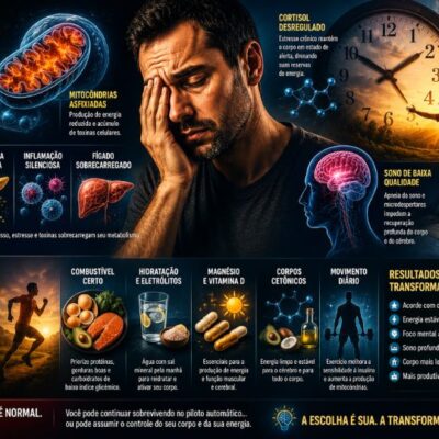 Pessoa exausta sentada na cama ao amanhecer com representação visual de cérebro, energia celular e relógio biológico ao fundo, simbolizando fadiga crônica e falta de energia mesmo após uma noite de sono.