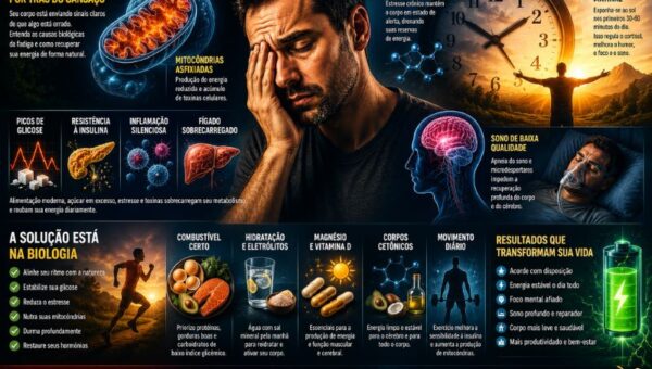 Pessoa exausta sentada na cama ao amanhecer com representação visual de cérebro, energia celular e relógio biológico ao fundo, simbolizando fadiga crônica e falta de energia mesmo após uma noite de sono.