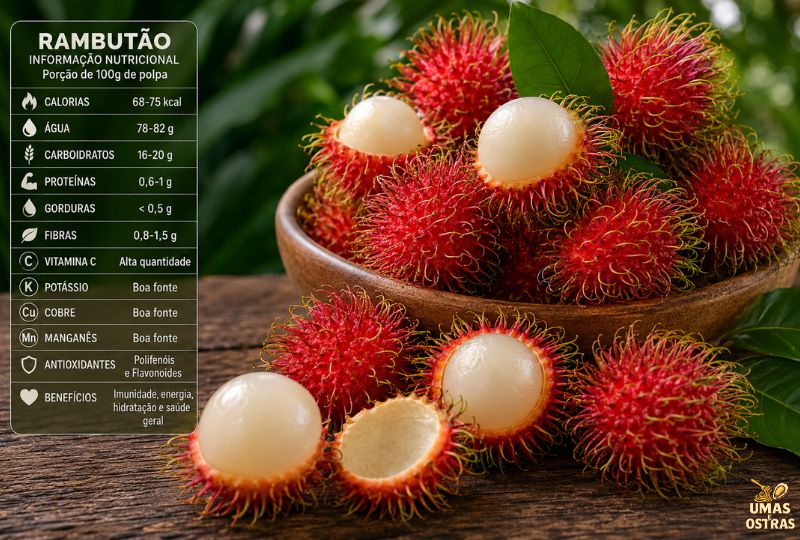 Rambutão fresco com polpa branca destacando sua composição nutricional, rica em vitamina C, fibras, minerais e antioxidantes naturais.