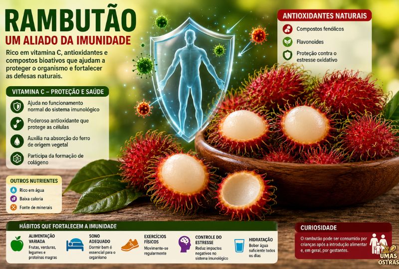 Frutos de rambutão frescos com polpa branca ao lado de representação do sistema imunológico, destacando vitamina C, antioxidantes naturais e proteção celular em ambiente tropical.