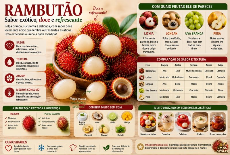 Rambutões maduros com polpa branca suculenta ao lado de lichia, longan, uva branca e pera, ilustrando as semelhanças de sabor, textura e aroma dessa fruta tropical exótica.