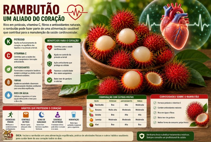 Frutos de rambutão frescos ao lado de uma representação anatômica do coração, destacando potássio, vitamina C, fibras e antioxidantes associados a uma alimentação saudável para o sistema cardiovascular.