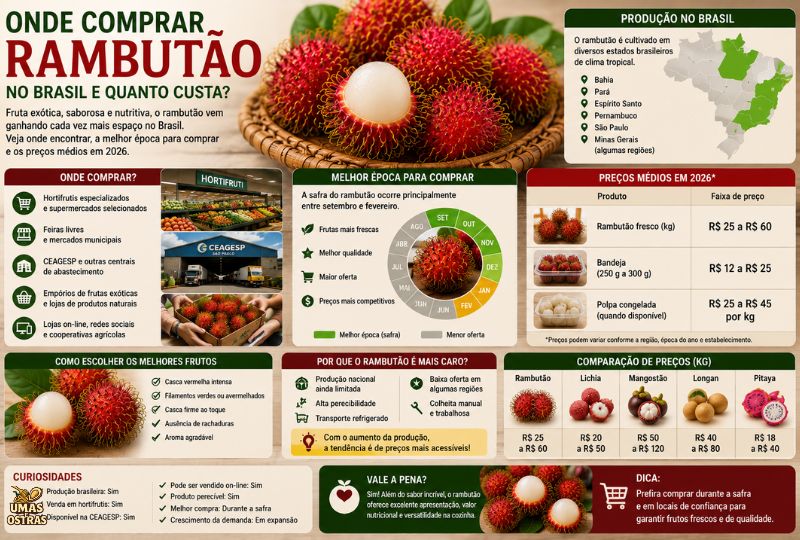 Rambutões frescos expostos para venda com informações sobre produção brasileira, locais de compra, período de safra e faixa de preços da fruta exótica no Brasil.