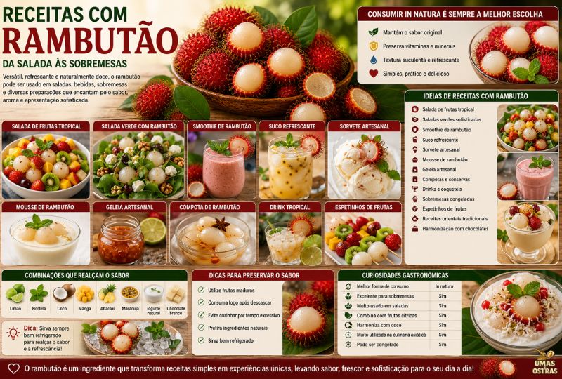 Pratos e bebidas preparados com rambutão, incluindo salada de frutas, smoothie, sorvete, mousse, geleia e sobremesas tropicais, destacando a versatilidade culinária da fruta exótica.