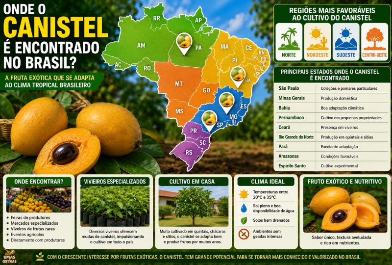 Mapa do Brasil destacando as regiões favoráveis ao cultivo do canistel, acompanhado de frutos maduros dourados, mudas e informações sobre a distribuição da fruta exótica em estados brasileiros