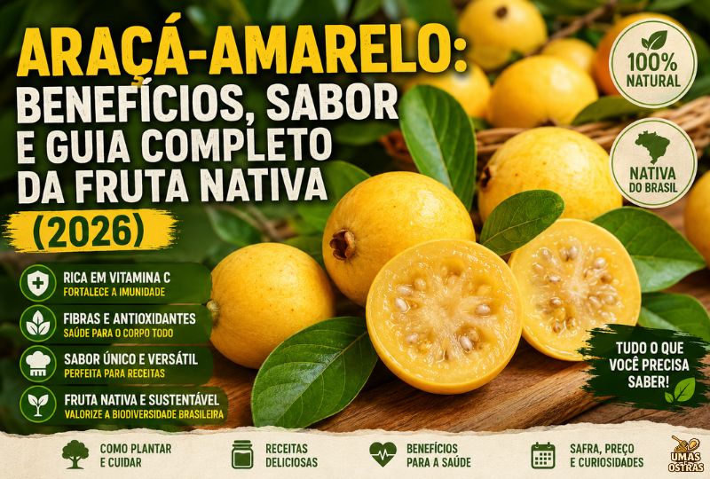 Infográfico e fotografia em alta definição mostrando frutos de Araçá-Amarelo (Psidium cattleyanum). Em primeiro plano, sobre uma tábua de madeira rústica, um fruto amarelo aparece cortado ao meio revelando sua polpa suculenta cheia de sementes, ao lado de outros frutos inteiros e folhas verdes brilhantes. No topo esquerdo, destaca-se o título em letras garrafais brancas e amarelas: 'ARAÇÁ-AMARELO: BENEFÍCIOS, SABOR E GUIA COMPLETO DA FRUTA NATIVA (2026)'. Na lateral esquerda, há quatro pílulas verdes com ícones contendo os textos: 'RICA EM VITAMINA C', 'FIBRAS E ANTIOXIDANTES', 'SABOR ÚNICO E VERSÁTIL' e 'FRUTA NATIVA E SUSTENTÁVEL'. No canto superior direito, dois selos circulares indicam '100% NATURAL' e 'NATIVA DO BRASIL'. No rodapé, uma barra estilo papel rasgado exibe quatro ícones organizados: 'COMO PLANTAR E CUIDAR', 'RECEITAS DELICIOSAS', 'BENEFÍCIOS PARA A SAÚDE' e 'SAFRA, PREÇO E CURIOSIDADES'.