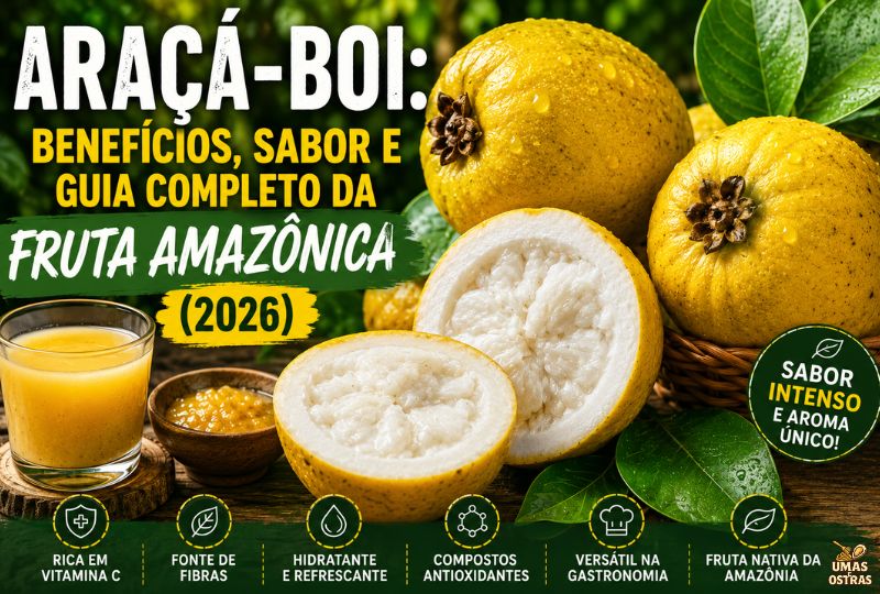 Infográfico e fotografia em alta definição mostrando o Araçá-Boi (Eugenia stipitata). No centro, sobre uma mesa de madeira, frutos amarelos aveludados aparecem ao lado de um fruto cortado ao meio, de um copo de suco amarelo denso e de uma tigela pequena. Do lado esquerdo, destaca-se o título em letras garrafais brancas e amarelas sobre fundo verde: 'ARAÇÁ-BOI: BENEFÍCIOS, SABOR E GUIA COMPLETO DA FRUTA AMAZÔNICA (2026)'. No canto inferior direito, há um selo circular verde indicando 'SABOR INTENSO E AROMA ÚNICO!'. No rodapé, uma barra verde-escuro exibe seis ícones com as descrições: 'RICA EM VITAMINA C', 'FONTE DE FIBRAS', 'HIDRATANTE E REFRESCANTE', 'COMPOSTOS ANTIOXIDANTES', 'VERSÁTIL NA GASTRONOMIA' e 'FRUTA NATIVA DA AMAZÔNIA'.