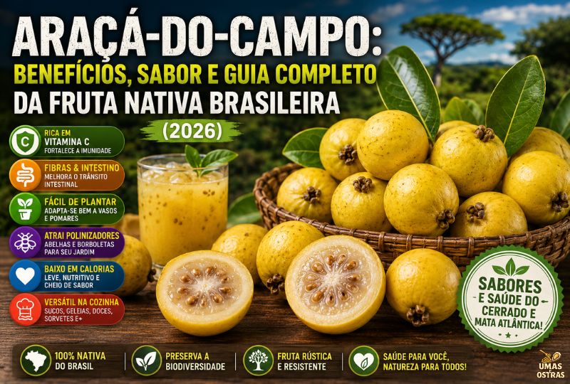 Infográfico e fotografia em alta resolução do Araçá-do-Campo (Psidium guineense). À direita, uma cesta de vime está repleta de frutos amarelados inteiros, acompanhada por dois frutos cortados ao meio na mesa de madeira mostrando a polpa clara e sementes. Ao lado, um copo de suco de araçá refrescante com pedras de gelo. No topo, destaca-se o título em letras garrafais brancas e amarelas: 'ARAÇÁ-DO-CAMPO: BENEFÍCIOS, SABOR E GUIA COMPLETO DA FRUTA NATIVA BRASILEIRA (2026)'. À esquerda, uma coluna exibe 6 pílulas coloridas com ícones descritivos. No canto inferior direito, um selo circular verde destaca: 'SABORES E SAÚDE DO CERRADO E MATA ATLÂNTICA!'. O rodapé traz 4 caixas informativas sobre biodiversidade e sustentabilidade.