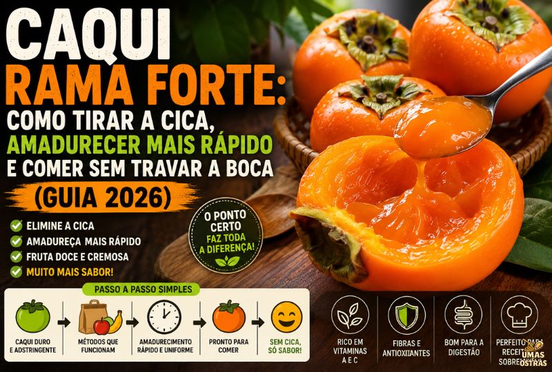 Fotografia em alta resolução de um Caqui Rama Forte maduro sobre uma mesa de madeira rústica. Em primeiro plano, uma colher levanta a polpa alaranjada, extremamente cremosa e gelatinosa da fruta cortada. O texto principal em destaque exibe: "CAQUI RAMA FORTE: COMO TIRAR A CICA, AMADURECER MAIS RÁPIDO E COMER SEM TRAVAR A BOCA (GUIA 2026)". Na base, um infográfico visual mostra um "Passo a Passo Simples", ilustrando um caqui duro sendo colocado num saco de papel com uma maçã e banana, um relógio indicando tempo, e terminando com um rosto feliz sem cica. No canto inferior direito, ícones destacam: Rico em vitaminas A e C, Fibras e antioxidantes, Bom para a digestão, e Perfeito para receitas e sobremesas.