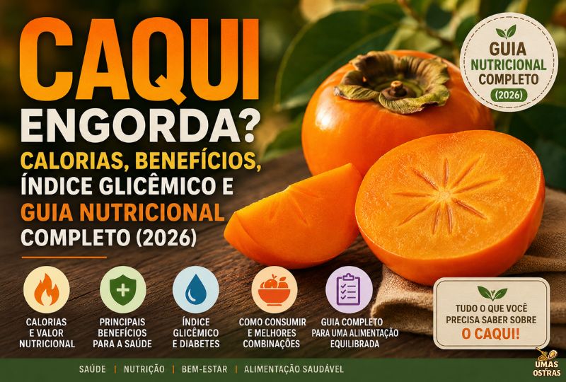 Fotografia em alta resolução de um caqui fatiado ao meio, exibindo uma polpa de cor laranja vibrante, sobre uma mesa de madeira rústica e um tecido de algodão. À esquerda, em letras grandes e em destaque, lê-se: "CAQUI ENGORDA? CALORIAS, BENEFÍCIOS, ÍNDICE GLICÊMICO E GUIA NUTRICIONAL COMPLETO (2026)". No canto superior direito, um selo circular indica "Guia Nutricional Completo (2026)". Na base da imagem, alinham-se cinco ícones informativos: Calorias e valor nutricional, Principais benefícios para a saúde, Índice glicêmico e diabetes, Como consumir e melhores combinações, e Guia completo para uma alimentação equilibrada. No canto inferior direito, um quadro destaca "Tudo o que você precisa saber sobre o caqui!". No rodapé, constam as palavras: "Saúde | Nutrição | Bem-estar | Alimentação Saudável".