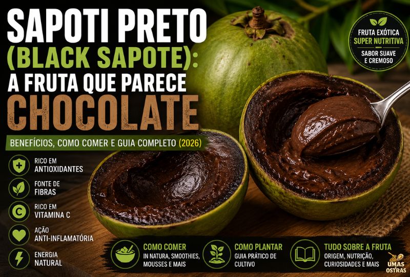 Fotografia em alta resolução de um Sapoti Preto (Black Sapote) sobre uma tábua de madeira rústica. Ao fundo, uma fruta inteira com a sua característica casca verde. Em primeiro plano, a fruta cortada ao meio revela uma polpa marrom escura e extremamente cremosa, sendo retirada por uma colher de metal, assemelhando-se a uma mousse de chocolate. O texto principal em letras grandes diz: "SAPOTI PRETO (BLACK SAPOTE): A FRUTA QUE PARECE CHOCOLATE - BENEFÍCIOS, COMO COMER E GUIA COMPLETO (2026)". À esquerda e na base, ícones informativos destacam: Rico em antioxidantes, Fonte de Fibras, Rico em Vitamina C, Ação anti-inflamatória, Energia Natural, Como comer, Como plantar e Tudo sobre a fruta. No canto superior direito, um selo verde indica "Fruta exótica super nutritiva - Sabor suave e cremoso".