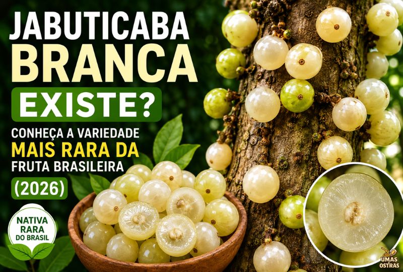 Fotografia detalhada de uma Jabuticaba Branca (Plinia) em seu ambiente de cultivo. À direita, o tronco de uma árvore está repleto de jabuticabas redondas de casca verde-clara, amarelada e translúcida. No canto inferior esquerdo, uma tigela de madeira rústica está cheia de frutos colhidos, alguns deles cortados ao meio revelando a polpa translúcida e as sementes internas. Um detalhe circular ampliado no canto inferior direito exibe a seção transversal de um fruto com polpa brilhante. À esquerda, o texto diz: "JABUTICABA BRANCA EXISTE? CONHEÇA A VARIEDADE MAIS RARA DA FRUTA BRASILEIRA (2026)". No canto inferior esquerdo, há um selo circular verde com a inscrição "Nativa Rara do Brasil".