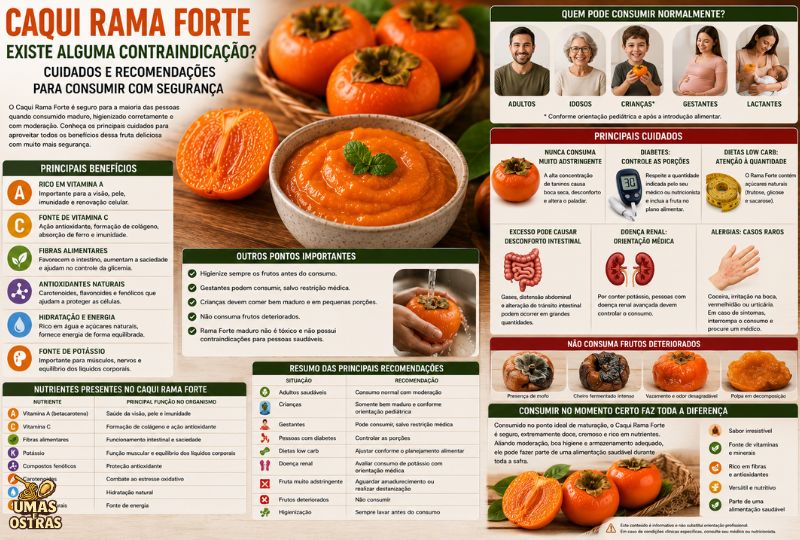 Imagem realista em 8K mostrando caquis Rama Forte completamente maduros, um fruto aberto com polpa cremosa alaranjada e elementos visuais que representam consumo seguro, higiene, diabetes, doença renal, alergias e alimentação equilibrada. A composição destaca os principais cuidados para consumir o Caqui Rama Forte com segurança, em um ambiente de cozinha iluminado naturalmente e com aparência fotográfica profissional.