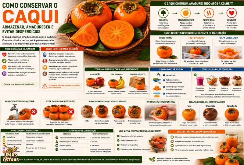 Infográfico realista mostrando caquis maduros inteiros e cortados, com orientações sobre armazenamento em temperatura ambiente, refrigeração, congelamento da polpa, técnicas para acelerar o amadurecimento com maçã e banana, além de dicas para identificar frutos estragados e conservar o caqui por mais tempo.