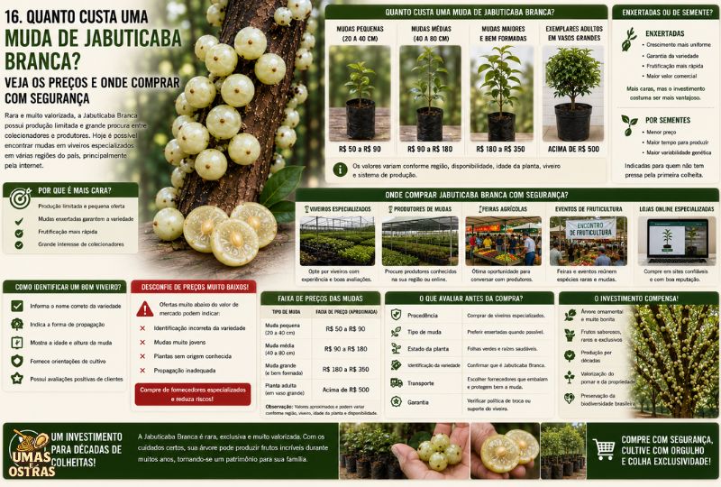 Infográfico da Jabuticaba Branca mostrando preços de mudas, diferenças entre mudas enxertadas e de sementes, critérios para compra segura e informações sobre cultivo dessa variedade rara.