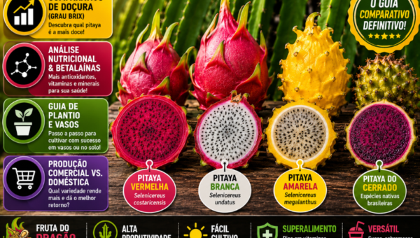 Infográfico e fotografia em alta definição apresentando os principais tipos de pitaya. Ao centro, sobre uma bancada de madeira, veem-se frutos inteiros e fatiados ao meio com balões indicativos exibindo o nome popular e científico de cada variedade: Pitaya Vermelha (Selenicereus costaricensis), Pitaya Branca (Selenicereus undatus), Pitaya Amarela (Selenicereus megalanthus) e Pitaya do Cerrado (Espécies nativas brasileiras). No topo esquerdo, destaca-se o título em letras garrafais amarelas, brancas e rosa: 'Os Tipos de PITAYA: Conheça as Principais Espécies e Como Escolher a Melhor (2026)'. À esquerda, uma coluna exibe 4 pílulas sobre Grau Brix, betalaínas, vasos e produção. No canto superior direito, um selo amarelo exibe 'O GUIA COMPARATIVO DEFINITIVO!'. O rodapé traz 5 caixas informativas com ícones sobre produtividade, cultivo e nutrição.