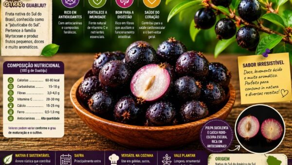 Fotografia em alta resolução mostrando o Guabiju (Myrcianthes pungens). No centro, uma tigela de madeira rústica está cheia de frutos redondos, brilhantes e de coloração roxo-escura, quase preta. Um dos frutos está cortado ao meio em primeiro plano, revelando sua polpa clara e translúcida com nuances rosadas e uma semente central. No canto superior direito, um galho da árvore exibe frutos maduros entre folhas verdes. À esquerda, o texto diz: 'GUABIJU: BENEFÍCIOS, SABOR E TUDO SOBRE A JABUTICABA DO SUL (2026)'. Abaixo do texto, há quatro ícones informativos dispostos verticalmente: um escudo (Rica em Antioxidantes), um coração (Fonte de Vitamina C), um sistema digestivo (Boa para a Saúde Intestinal) e uma folha (Fruta Nativa do Brasil).