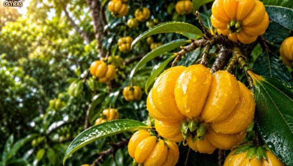 Fotografia em plano detalhado e com iluminação natural mostrando frutos de Pitangatuba (Eugenia neonitida) maduros diretamente nos galhos de um arbusto. No primeiro plano, à direita, destaca-se uma pitanga gigante intensamente amarela, com sulcos profundos e marcada por gotículas de água frescas espalhadas pela casca. Ao fundo, outros frutos amarelos menores aparecem entre folhas verdes e brilhantes. Do lado esquerdo, há uma sobreposição de texto em letras estilizadas brancas e amarelas com a inscrição: 'PITANGATUBA: BENEFÍCIOS, SABOR E GUIA COMPLETÍSSIMO DA FRUTA TROPICAL BRASILEIRA (2026)', contornado por uma pílula preta e amarela.