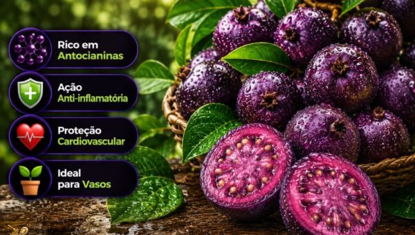 Fotografia em alta resolução no estilo infográfico mostrando frutos de Araçá Roxo (Psidium myrtoides). Em primeiro plano, à direita, dois frutos roxos e brilhantes aparecem cortados ao meio sobre uma superfície de madeira rústica, revelando uma polpa magenta intensa com sementes avermelhadas. Ao fundo, frutos inteiros cobertos por gotículas de água repousam em uma cesta de vime sob folhas verdes. Na lateral esquerda, há um texto estruturado em destaque: 'Araçá Roxo: Benefícios, Antioxidantes e Guia Completo da Fruta Brasileira (2026)' acompanhado pela pílula verde '(2026)'. Logo abaixo, quatro pílulas verticais em tom roxo-escuro trazem ícones e legendas: uma molécula (Rico em Antocianinas), um escudo (Ação Anti-inflamatória), um coração (Proteção Cardiovascular) e um vaso com planta (Ideal para Vasos).