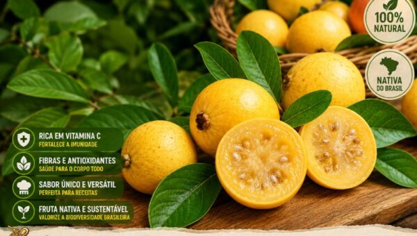 Infográfico e fotografia em alta definição mostrando frutos de Araçá-Amarelo (Psidium cattleyanum). Em primeiro plano, sobre uma tábua de madeira rústica, um fruto amarelo aparece cortado ao meio revelando sua polpa suculenta cheia de sementes, ao lado de outros frutos inteiros e folhas verdes brilhantes. No topo esquerdo, destaca-se o título em letras garrafais brancas e amarelas: 'ARAÇÁ-AMARELO: BENEFÍCIOS, SABOR E GUIA COMPLETO DA FRUTA NATIVA (2026)'. Na lateral esquerda, há quatro pílulas verdes com ícones contendo os textos: 'RICA EM VITAMINA C', 'FIBRAS E ANTIOXIDANTES', 'SABOR ÚNICO E VERSÁTIL' e 'FRUTA NATIVA E SUSTENTÁVEL'. No canto superior direito, dois selos circulares indicam '100% NATURAL' e 'NATIVA DO BRASIL'. No rodapé, uma barra estilo papel rasgado exibe quatro ícones organizados: 'COMO PLANTAR E CUIDAR', 'RECEITAS DELICIOSAS', 'BENEFÍCIOS PARA A SAÚDE' e 'SAFRA, PREÇO E CURIOSIDADES'.