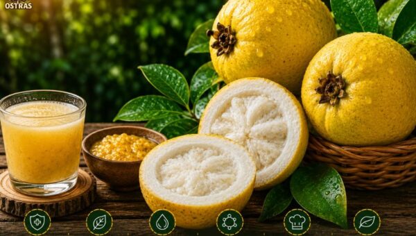 Infográfico e fotografia em alta definição mostrando o Araçá-Boi (Eugenia stipitata). No centro, sobre uma mesa de madeira, frutos amarelos aveludados aparecem ao lado de um fruto cortado ao meio, de um copo de suco amarelo denso e de uma tigela pequena. Do lado esquerdo, destaca-se o título em letras garrafais brancas e amarelas sobre fundo verde: 'ARAÇÁ-BOI: BENEFÍCIOS, SABOR E GUIA COMPLETO DA FRUTA AMAZÔNICA (2026)'. No canto inferior direito, há um selo circular verde indicando 'SABOR INTENSO E AROMA ÚNICO!'. No rodapé, uma barra verde-escuro exibe seis ícones com as descrições: 'RICA EM VITAMINA C', 'FONTE DE FIBRAS', 'HIDRATANTE E REFRESCANTE', 'COMPOSTOS ANTIOXIDANTES', 'VERSÁTIL NA GASTRONOMIA' e 'FRUTA NATIVA DA AMAZÔNIA'.