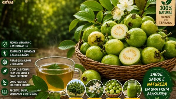 Infográfico e fotografia em alta resolução exibindo o Araçá-Verde (Psidium guineense). À direita, uma cesta de vime repleta de frutos verdes e amarelados com flores brancas de estames destacados, incluindo um fruto cortado ao meio que revela a polpa clara e cheia de sementes. À esquerda, sobre uma mesa rústica de madeira, há uma xícara de vidro com chá de folhas de araçá fumegante ao lado de ramos verdes. No topo esquerdo, destaca-se o título em letras garrafais brancas e amarelas: 'ARAÇÁ-VERDE: BENEFÍCIOS, CHÁ DAS FOLHAS E GUIA COMPLETO DA FRUTA DO CERRADO (2026)'. Abaixo do título, há seis marcadores com ícones descritivos e, na parte inferior, quatro círculos com fotos em destaque: 'PLANTA RÚSTICA', 'FLORES AROMÁTICAS', 'FRUTOS SABOROSOS' e 'VERSÁTIL NA GASTRONOMIA'. No canto inferior direito, um selo oval verde exibe o texto 'SAÚDE, SABOR E NATUREZA EM UMA FRUTA BRASILEIRA!'.