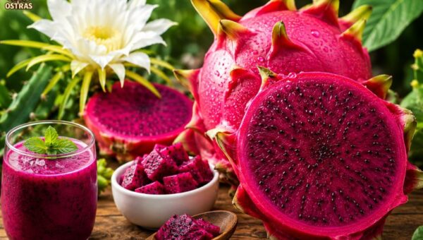 Fotografia de alta resolução em estilo infográfico de pitayas vermelhas. Em primeiro plano, uma fruta cortada ao meio revela a sua característica polpa magenta intensa cravada de sementes pretas. O design central exibe o texto "PITAYA VERMELHA: Benefícios, Cor da Urina, Fezes Vermelhas e Tudo Sobre a Fruta em 2026". A arte inclui ícones de saúde destacando imunidade, fibras e hidratação, além de três painéis circulares inferiores mostrando a versatilidade culinária (um smoothie roxo), a planta ornamental (flor branca) e o método de cultivo (o cacto trepador).