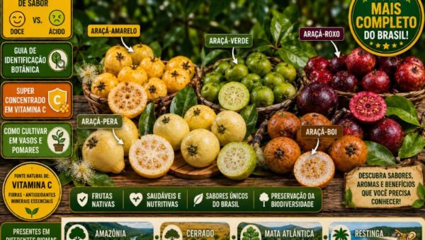 Fotografia em alta definição reunindo diversos tipos de araçás brasileiros. Sobre uma bancada de madeira, veem-se travessas com frutos amarelos, frutos verdes inteiros e cortados ao meio mostrando a polpa clara e frutos rosados. No topo, destaca-se o título em letras garrafais brancas com fundo amarelo: 'Os Tipos de Araçá: Conheça as Principais Espécies Brasileiras (2026)'.