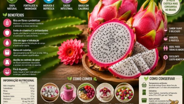 Fotografia de alta resolução em estilo infográfico exibindo pitayas brancas. Em primeiro plano, sobre um prato de madeira rústica, a fruta está fatiada revelando a sua polpa branca com sementes pretas, contrastando com a casca rosa choque. O design central exibe o texto "PITAYA BRANCA (TRADICIONAL): BENEFÍCIOS, COMO COMER E TUDO SOBRE a Fruta em 2026". A base da imagem contém cinco selos informativos: Rica em fibras e prebióticos (ícone de folha), Fonte de vitamina C e antioxidantes (ícone de escudo), Alta em água e hidratação (ícone de gota), Baixa em calorias e leve (ícone de cintura medida) e Versátil e fácil de consumir (ícone de talheres).