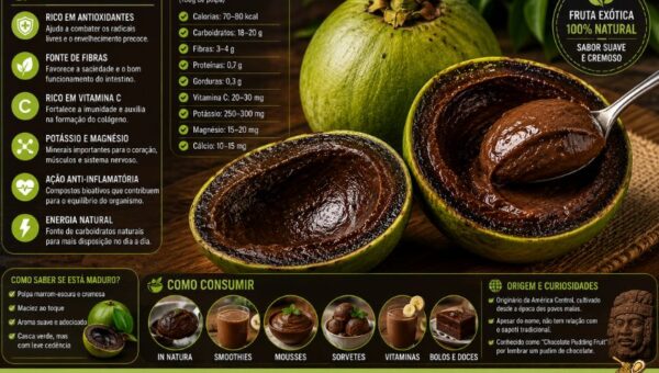 Fotografia em alta resolução de um Sapoti Preto (Black Sapote) sobre uma tábua de madeira rústica. Ao fundo, uma fruta inteira com a sua característica casca verde. Em primeiro plano, a fruta cortada ao meio revela uma polpa marrom escura e extremamente cremosa, sendo retirada por uma colher de metal, assemelhando-se a uma mousse de chocolate. O texto principal em letras grandes diz: "SAPOTI PRETO (BLACK SAPOTE): A FRUTA QUE PARECE CHOCOLATE - BENEFÍCIOS, COMO COMER E GUIA COMPLETO (2026)". À esquerda e na base, ícones informativos destacam: Rico em antioxidantes, Fonte de Fibras, Rico em Vitamina C, Ação anti-inflamatória, Energia Natural, Como comer, Como plantar e Tudo sobre a fruta. No canto superior direito, um selo verde indica "Fruta exótica super nutritiva - Sabor suave e cremoso".