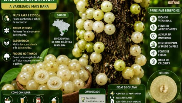 Fotografia detalhada de uma Jabuticaba Branca (Plinia) em seu ambiente de cultivo. À direita, o tronco de uma árvore está repleto de jabuticabas redondas de casca verde-clara, amarelada e translúcida. No canto inferior esquerdo, uma tigela de madeira rústica está cheia de frutos colhidos, alguns deles cortados ao meio revelando a polpa translúcida e as sementes internas. Um detalhe circular ampliado no canto inferior direito exibe a seção transversal de um fruto com polpa brilhante. À esquerda, o texto diz: "JABUTICABA BRANCA EXISTE? CONHEÇA A VARIEDADE MAIS RARA DA FRUTA BRASILEIRA (2026)". No canto inferior esquerdo, há um selo circular verde com a inscrição "Nativa Rara do Brasil".