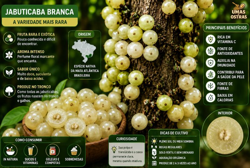 Fotografia detalhada de uma Jabuticaba Branca (Plinia) em seu ambiente de cultivo. À direita, o tronco de uma árvore está repleto de jabuticabas redondas de casca verde-clara, amarelada e translúcida. No canto inferior esquerdo, uma tigela de madeira rústica está cheia de frutos colhidos, alguns deles cortados ao meio revelando a polpa translúcida e as sementes internas. Um detalhe circular ampliado no canto inferior direito exibe a seção transversal de um fruto com polpa brilhante. À esquerda, o texto diz: "JABUTICABA BRANCA EXISTE? CONHEÇA A VARIEDADE MAIS RARA DA FRUTA BRASILEIRA (2026)". No canto inferior esquerdo, há um selo circular verde com a inscrição "Nativa Rara do Brasil".