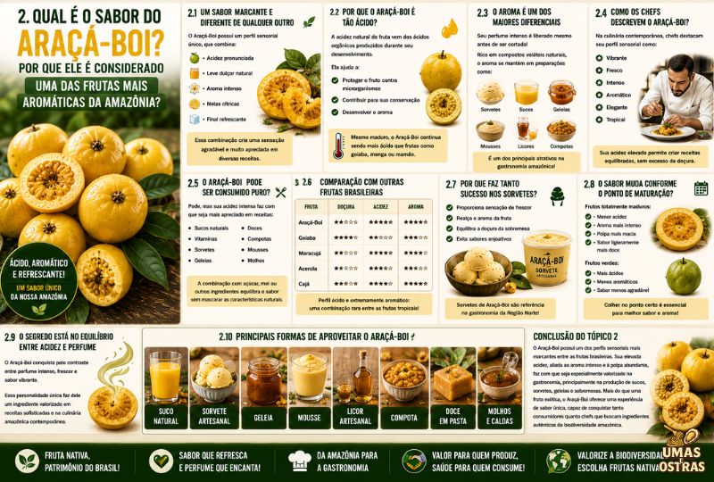 Infográfico sobre o sabor do Araçá-Boi, destacando sua acidez intensa, aroma marcante, perfil sensorial, comparação com outras frutas brasileiras, aplicações gastronômicas e características que fazem dessa fruta uma das mais aromáticas da Amazônia.