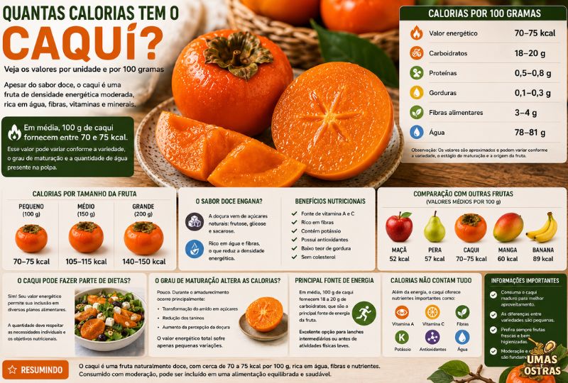 Infográfico realista em 8K mostrando frutos de caqui frescos inteiros e cortados sobre uma mesa de madeira, destacando a informação de que o caqui possui entre 70 e 75 kcal por 100 gramas. A imagem apresenta tabelas comparando calorias por tamanho da fruta, benefícios nutricionais, vitaminas, fibras, carboidratos e comparação com outras frutas, em um layout moderno e educativo.