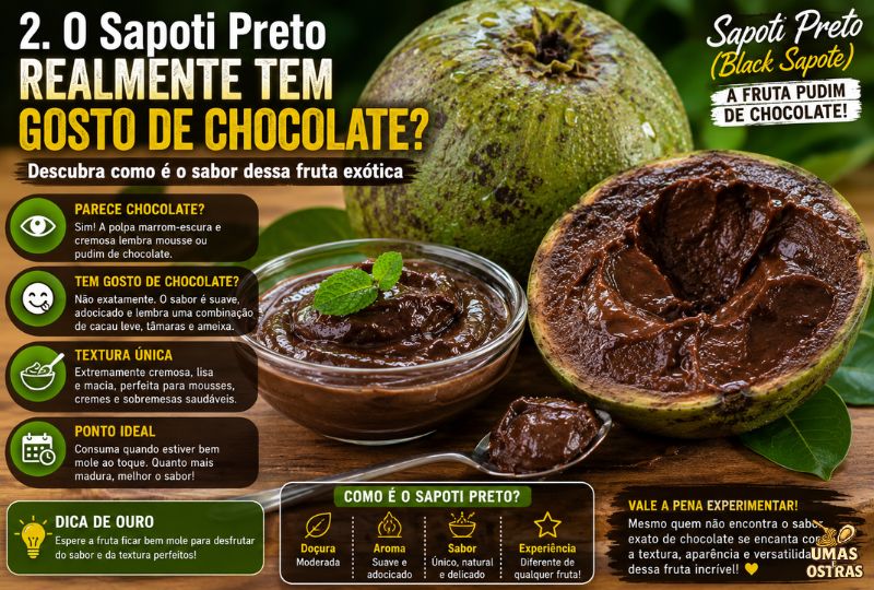Fruta Sapoti Preto (Black Sapote) aberta mostrando a polpa marrom extremamente cremosa semelhante a um pudim de chocolate, acompanhada de creme preparado com a fruta. Imagem explica por que o Sapoti Preto parece chocolate, mas possui sabor próprio, naturalmente adocicado e textura cremosa.