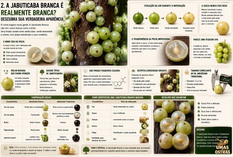 Infográfico da Jabuticaba Branca mostrando a fruta rara no tronco da árvore, sua casca verde-amarelada, polpa translúcida, comparação com a jabuticaba tradicional e os sinais de maturação.