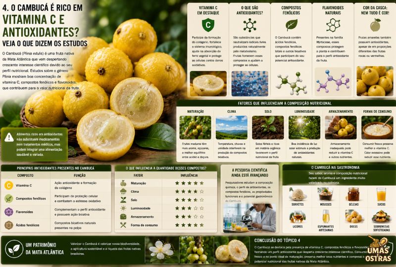 Cambucás maduros com infográfico destacando vitamina C, flavonoides, compostos fenólicos, antioxidantes e os principais benefícios nutricionais da fruta.