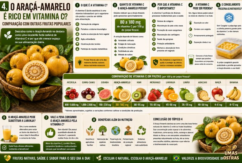 Infográfico comparando a quantidade de vitamina C do Araçá-Amarelo com acerola, camu-camu, goiaba, kiwi, morango, laranja, limão, abacaxi, maçã e banana, destacando seus benefícios nutricionais e a importância desse nutriente.