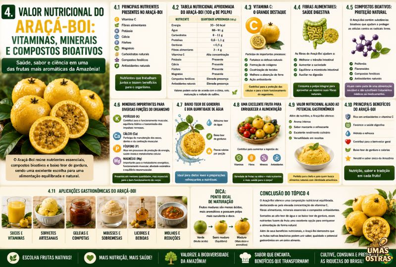 Infográfico sobre o valor nutricional do Araçá-Boi, destacando vitamina C, fibras alimentares, minerais, compostos bioativos, tabela nutricional, antioxidantes, benefícios para a saúde e aplicações gastronômicas.