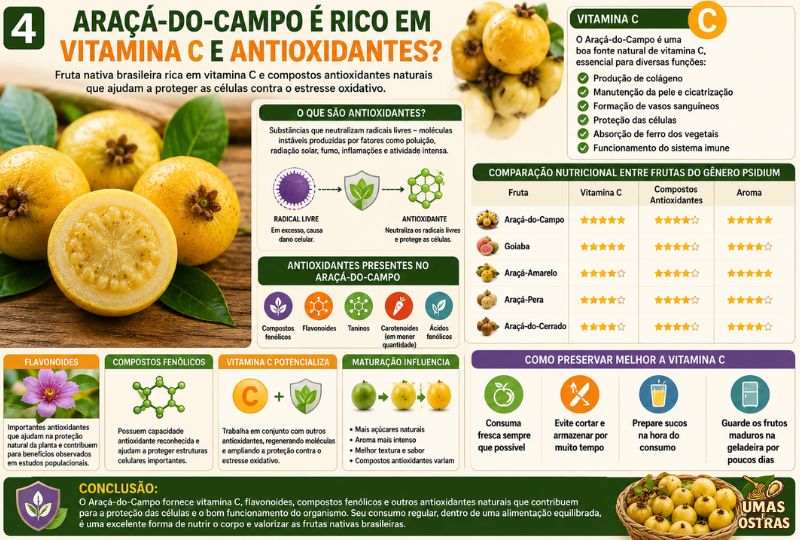Infográfico sobre a vitamina C, flavonoides e antioxidantes presentes no Araçá-do-Campo