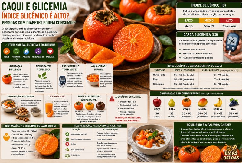 Infográfico realista em 8K mostrando caquis frescos inteiros e cortados sobre uma mesa de madeira, acompanhado de painéis explicativos sobre índice glicêmico (IG), carga glicêmica (CG), impacto do caqui na glicemia, orientações para pessoas com diabetes, tabela nutricional, comparação com outras frutas e sugestões de combinações saudáveis com iogurte, castanhas e sementes.
